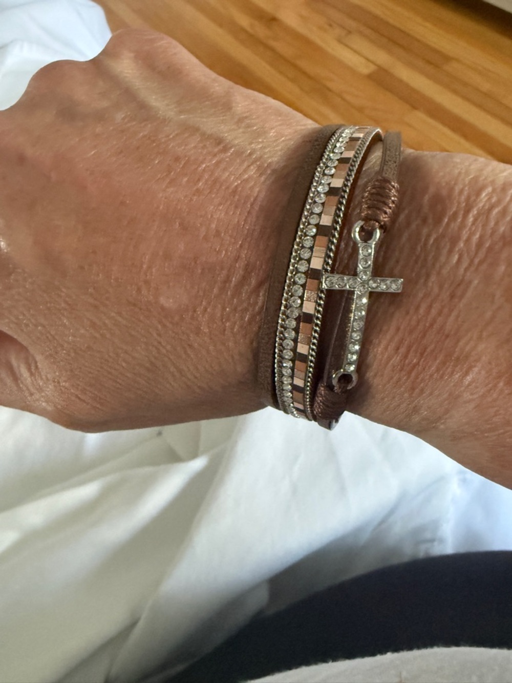Rhinestone Cross Wrap Bracelet in Brown and Rose Gold